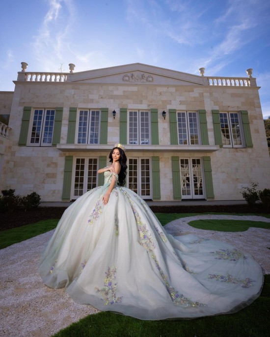 Sweetheart Neckline Off Shoulder Corset Lace Appliques Sage On Nude Quinceanera Dresses With 3D Floral Appliqués