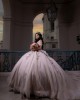 Sweetheart Neckline Off Shoulder Lace Appliques Pink Quinceanera Dresses With Bow