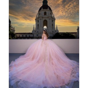 Off Shoulder Sweetheart Neckline Crystals Sequins Pink Quinceanera Dresses