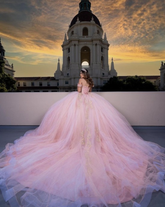 Off Shoulder Sweetheart Neckline Crystals Sequins Pink Quinceanera Dresses