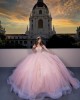 Sweetheart Neckline Off Shoulder Metallic Sequins Sheer Bodice Pink Quinceanera Dress