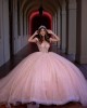 Sweetheart Neckline Off Shoulder Metallic Sequins Sheer Bodice Pink Quinceanera Dress