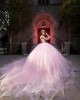 Sweetheart Neckline Off Shoulder Metallic Sequins Sheer Bodice Pink Quinceanera Dress