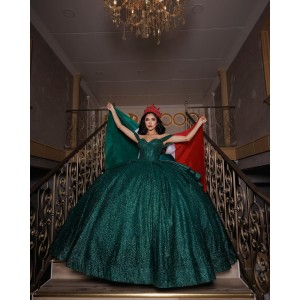 Sweetheart Neckline Off Shoulder Sequin Emerald Green Quinceanera Dresses