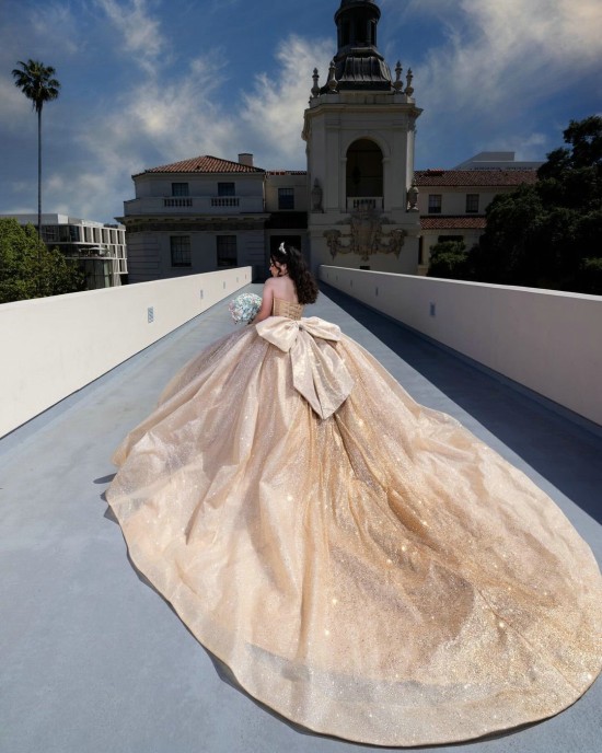 Sweetheart Neckline Sleeveless Crystals Sequins Champagne Quinceanera Dress With Bow