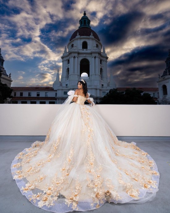 3D Floral Appliqués Off Shoulder Sweetheart Necklin Cape Sleeve Champagne Quinceanera Dress