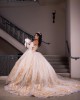 3D Floral Appliqués Off Shoulder Sweetheart Necklin Cape Sleeve Champagne Quinceanera Dress