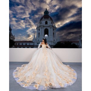 3D Floral Appliqués Off Shoulder Sweetheart Necklin Cape Sleeve Champagne Quinceanera Dress