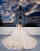 3D Floral Appliqués Off Shoulder Sweetheart Necklin Cape Sleeve Champagne Quinceanera Dress