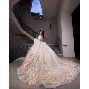 3D Floral Appliqués Off Shoulder Sweetheart Necklin Cape Sleeve Champagne Quinceanera Dress