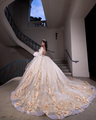 3D Floral Appliqués Off Shoulder Sweetheart Necklin Cape Sleeve Champagne Quinceanera Dress