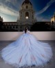 3D Floral Appliqués Puff Sleeve Beading Ball Gown Sweetheart Neckline Sheer Bodice Sky Blue Quinceanera Dresses