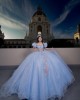 3D Floral Appliqués Puff Sleeve Beading Ball Gown Sweetheart Neckline Sheer Bodice Sky Blue Quinceanera Dresses