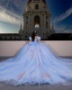 3D Floral Appliqués Puff Sleeve Beading Ball Gown Sweetheart Neckline Sheer Bodice Sky Blue Quinceanera Dresses