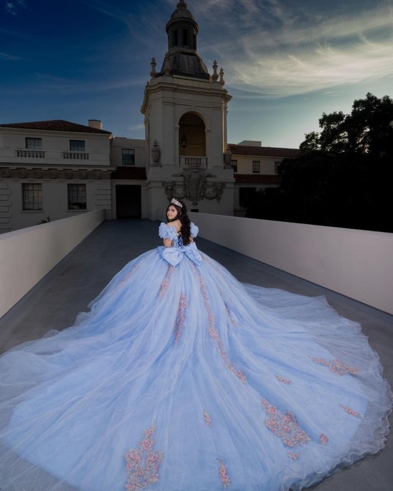 3D Floral Appliqués Puff Sleeve Beading Ball Gown Sweetheart Neckline Sheer Bodice Sky Blue Quinceanera Dresses