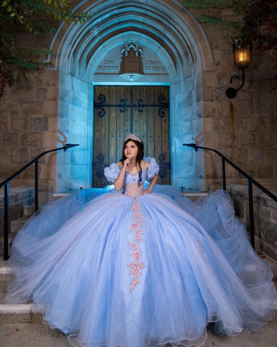 3D Floral Appliqués Puff Sleeve Beading Ball Gown Sweetheart Neckline Sheer Bodice Sky Blue Quinceanera Dresses