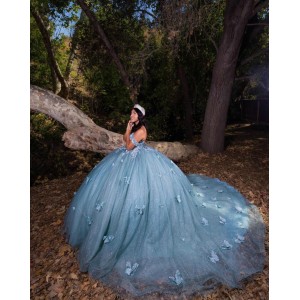 Butterfly Ball Gown Sweetheart Neckline Off Shoulder Lace Appliques Sky Blue Quinceanera Dresses