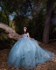 Butterfly Ball Gown Sweetheart Neckline Off Shoulder Lace Appliques Sky Blue Quinceanera Dresses