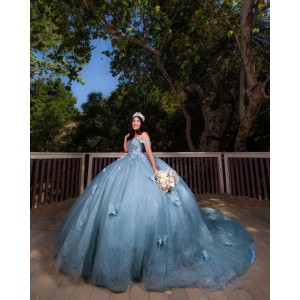 Butterfly Ball Gown Sweetheart Neckline Off Shoulder Lace Appliques Sky Blue Quinceanera Dresses