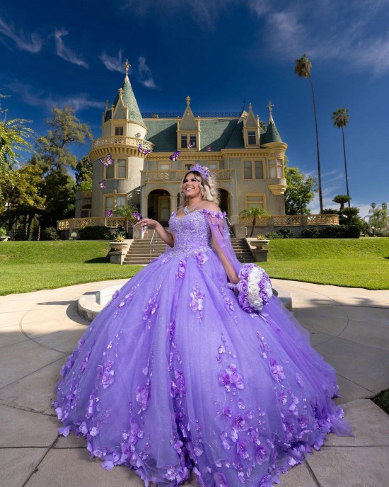 Cape Sleeve Sweetheart Neckline Ball Gown 3D Flowers Lavender Quinceanera Dresses