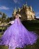 Cape Sleeve Sweetheart Neckline Ball Gown 3D Flowers Lavender Quinceanera Dresses