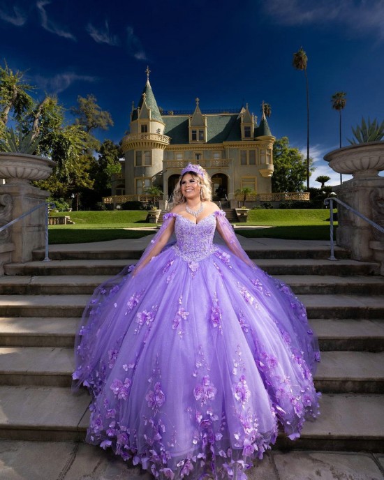 Cape Sleeve Sweetheart Neckline Ball Gown 3D Flowers Lavender Quinceanera Dresses