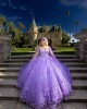 Cape Sleeve Sweetheart Neckline Ball Gown 3D Flowers Lavender Quinceanera Dresses