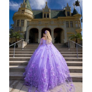 Cape Sleeve Sweetheart Neckline Ball Gown 3D Flowers Lavender Quinceanera Dresses