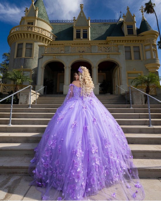 Cape Sleeve Sweetheart Neckline Ball Gown 3D Flowers Lavender Quinceanera Dresses