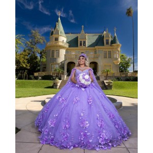 Cape Sleeve Sweetheart Neckline Ball Gown 3D Flowers Lavender Quinceanera Dresses