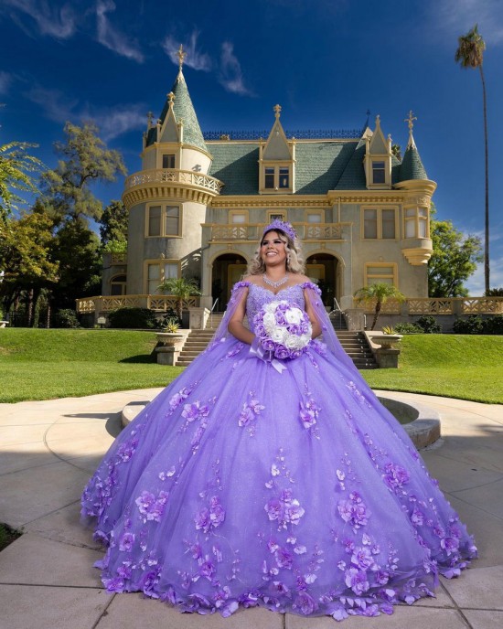 Cape Sleeve Sweetheart Neckline Ball Gown 3D Flowers Lavender Quinceanera Dresses