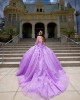 Long Sleeve Beading Ball Gown 3D Flower Lilac Quinceanera Dresses