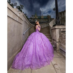 Long Sleeve Beading Ball Gown 3D Flower Lilac Quinceanera Dresses