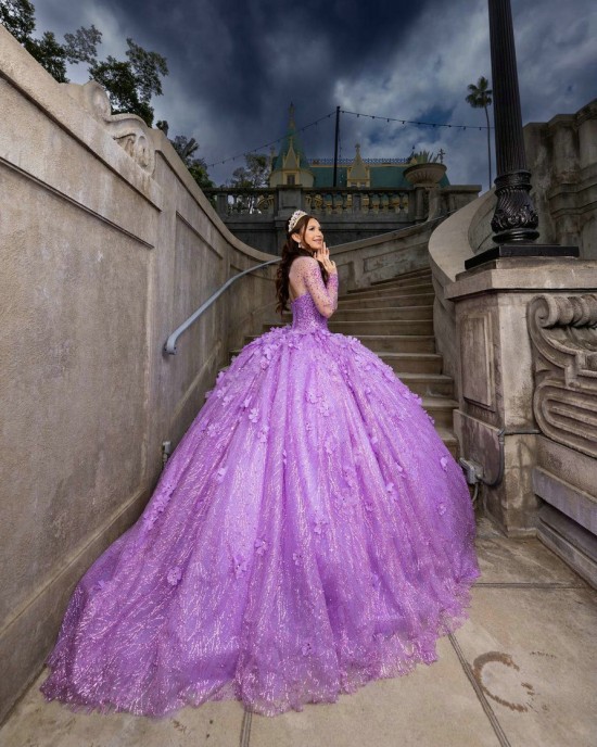 Long Sleeve Beading Ball Gown 3D Flower Lilac Quinceanera Dresses