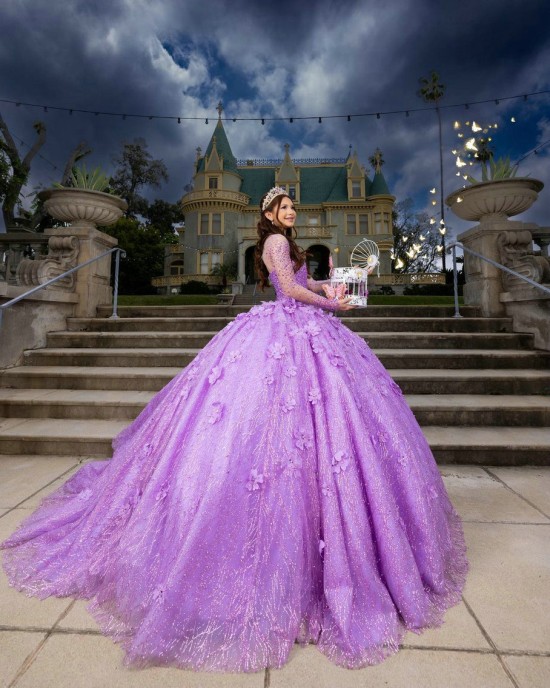 Long Sleeve Beading Ball Gown 3D Flower Lilac Quinceanera Dresses