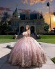 Off Shoulder Beading Ball Gown Sweetheart Neckline Sequin Pink Quinceanera Dress