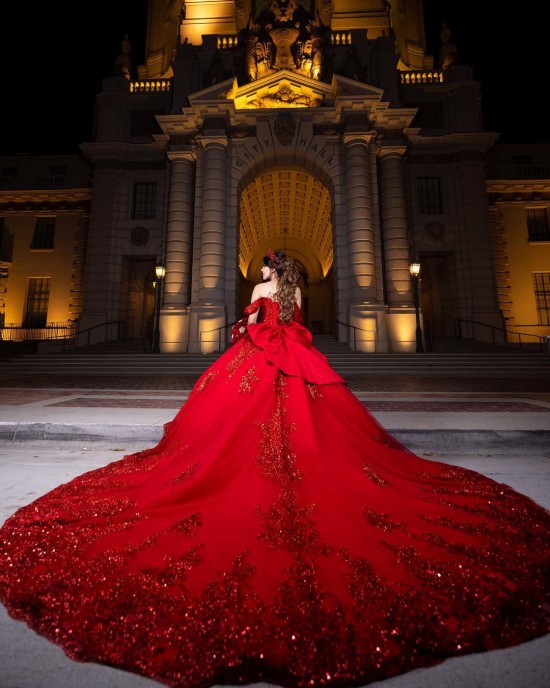 Off Shoulder Beading Ball Gown Sweetheart Neckline Sequin Red Quinceanera Dresses With Bow