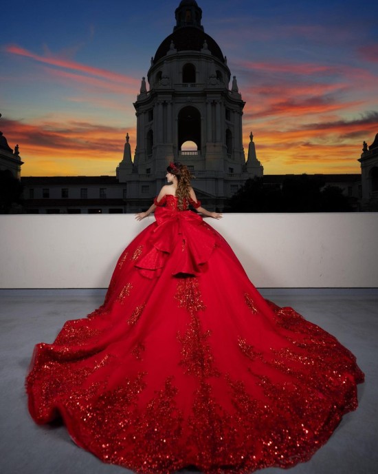 Off Shoulder Beading Ball Gown Sweetheart Neckline Sequin Red Quinceanera Dresses With Bow