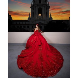 Off Shoulder Beading Ball Gown Sweetheart Neckline Sequin Red Quinceanera Dresses With Bow