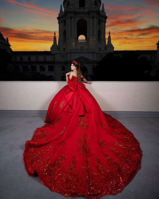 Off Shoulder Beading Ball Gown Sweetheart Neckline Sequin Red Quinceanera Dresses With Bow