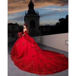 Off Shoulder Beading Ball Gown Sweetheart Neckline Sequin Red Quinceanera Dresses With Bow