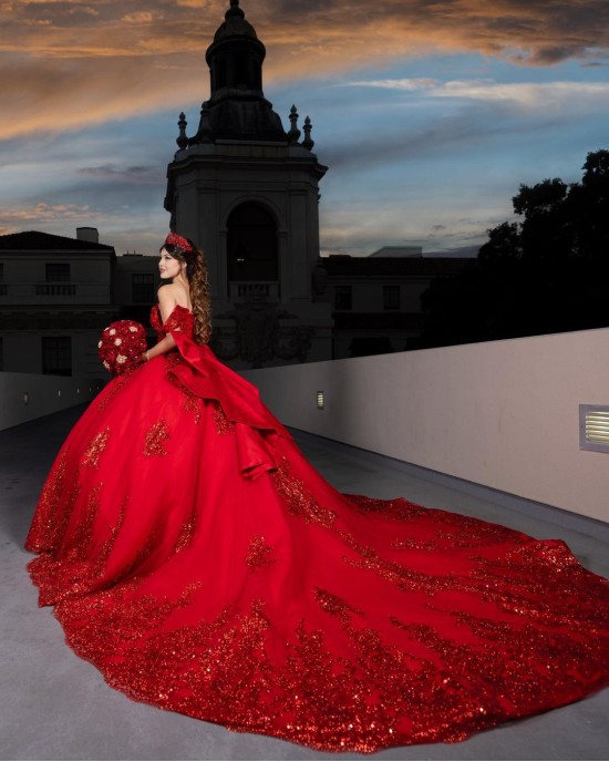 Off Shoulder Beading Ball Gown Sweetheart Neckline Sequin Red Quinceanera Dresses With Bow