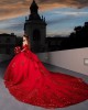 Off Shoulder Beading Ball Gown Sweetheart Neckline Sequin Red Quinceanera Dresses With Bow