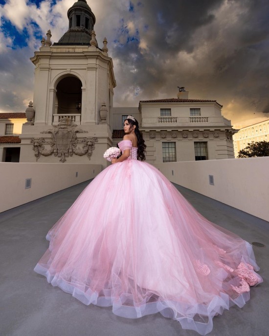 Off Shoulder Beading Sheer Bodice Ball Gown Lace Appliques Pink Quinceanera Dresses