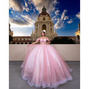 Off Shoulder Beading Sheer Bodice Ball Gown Lace Appliques Pink Quinceanera Dresses