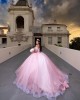 Off Shoulder Beading Sheer Bodice Ball Gown Lace Appliques Pink Quinceanera Dresses