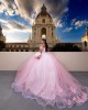 Off Shoulder Beading Sheer Bodice Ball Gown Lace Appliques Pink Quinceanera Dresses