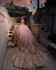 Off Shoulder Lace Appliques Ball Gown Sweetheart Neckline Beading Pink Quinceanera Dresses