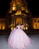 Off Shoulder Lace Appliques Ball Gown Sweetheart Neckline Pink Quinceanera Dresses