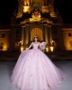 Off Shoulder Lace Appliques Ball Gown Sweetheart Neckline Pink Quinceanera Dresses